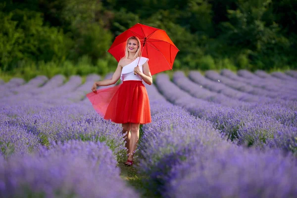 Hermosa Joven Con Paraguas Rojo Falda Una Plantación Lavanda Filas —  Fotos de Stock