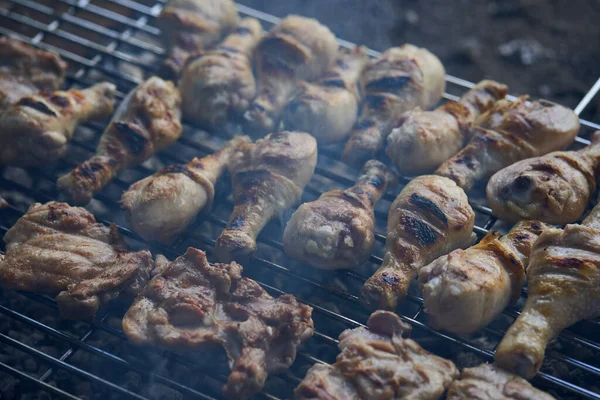 Closeup Barbecue Grill Drumstick Meat Rolls — Stock Photo, Image