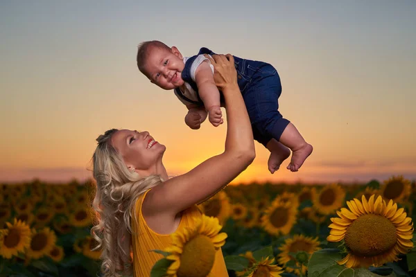 Молода Мати Своїм Маленьким Хлопчиком Соняшниковому Полі — стокове фото