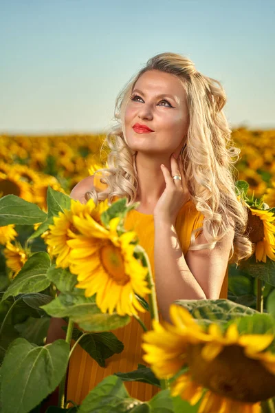 日落时分 美丽的金发白种女人在向日葵地里 — 图库照片