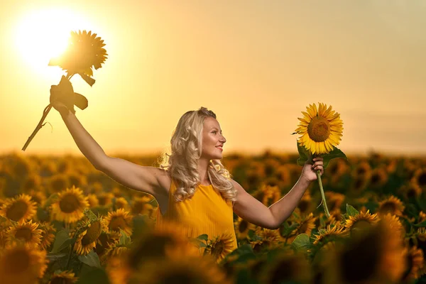 Schöne Blonde Kaukasierin Einem Sonnenblumenfeld Bei Sonnenuntergang — Stockfoto