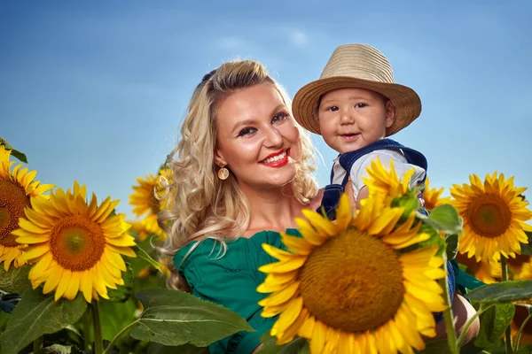 Fiatal Anya Kisfiával Napraforgómezőn Jogdíjmentes Stock Képek