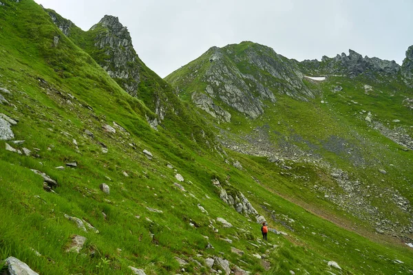 Žena Turistka Horské Stezce Zamlženém Deštivém Letním Dni — Stock fotografie