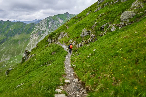 Mulher Caminhante Uma Trilha Montanha Dia Chuvoso Verão Nebuloso — Fotografia de Stock