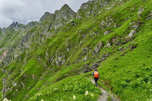 Žena Turista Batohem Pěší Turistika Stezce Horách — Stock fotografie