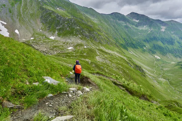 Touristin Mit Rucksack Wandert Auf Wanderweg Den Bergen — Stockfoto