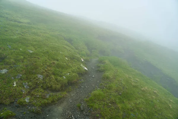 霧の中の山のハイキングコース ストックフォト