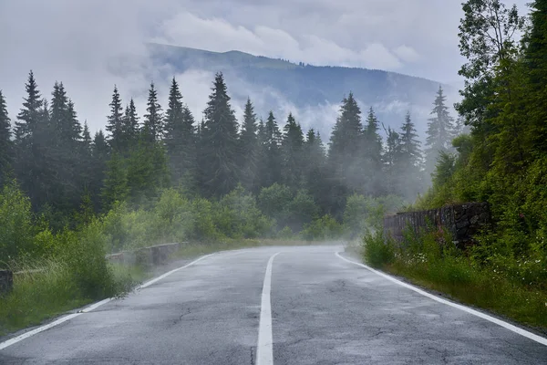 通过雾气进入山中的柏油路 — 图库照片