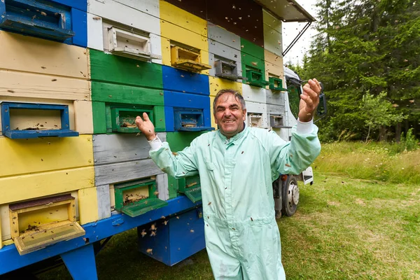 養蜂家彼の蜂の巣をチェック彼のRoryで — ストック写真