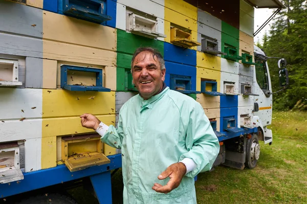 Μελισσοκόμος Ελέγχει Μελίσσια Του Στο Φορτηγό Του — Φωτογραφία Αρχείου