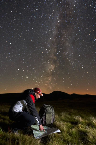 Man Backpack Map Hiking Mountains Milky Way Starry Sky Night Royalty Free Stock Images