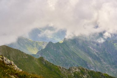 Dağlık arazide, sisli dağlarda yürüyüş izleri var.
