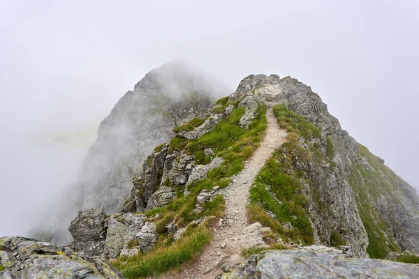 Paisaje Alpino Con Sendero Senderismo Montaña Niebla — Foto de Stock