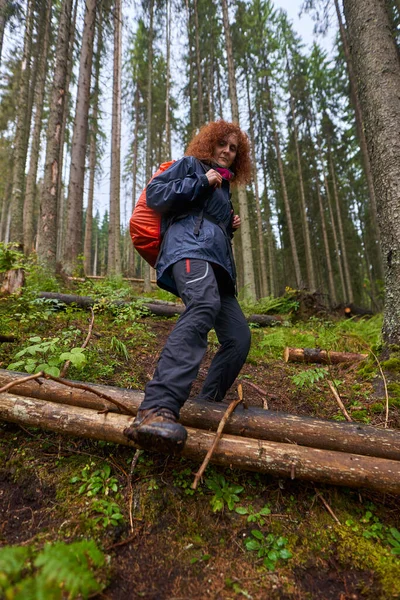 Mulher Turista Com Capa Chuva Mochila Caminhando Pela Floresta Pinheiros — Fotografia de Stock