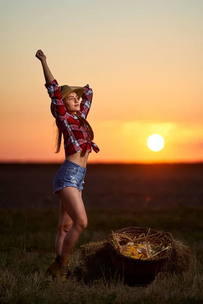 Junge Schöne Bäuerin Mit Hut Und Kariertem Hemd Bei Der — Stockfoto