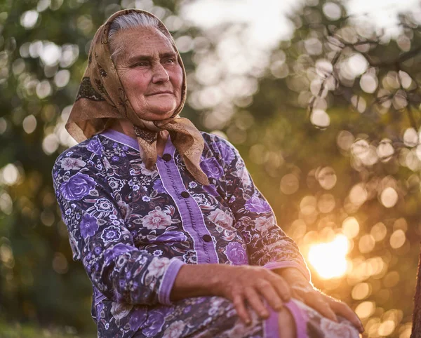 Gün Batımında Bahçesinde Oturan Yaşlı Bir Çiftçinin Sonbahar Portresi — Stok fotoğraf