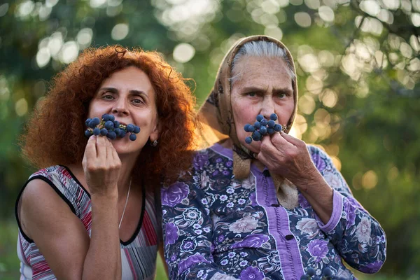 Mother Daughter Farmers Eating Grapes Sunset Orchard — Stock Photo, Image
