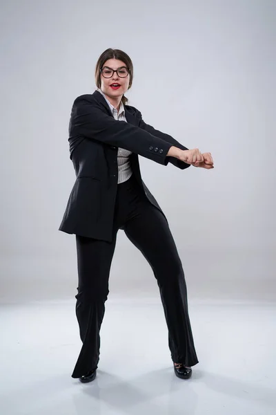 Cheerful Businesswoman Dancing Joy Formal Suit — Stock Photo, Image