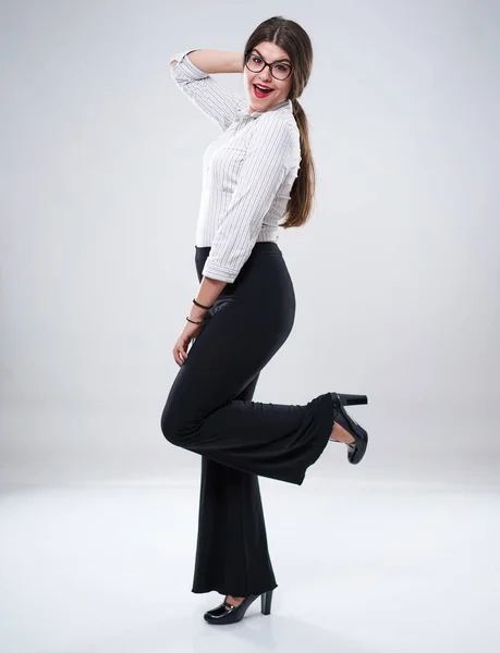 Femme Affaires Joyeuse Dansant Avec Joie Costume Formel — Photo