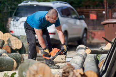 Elektrikli testereli çiftçi evde kayın ağacı kesiyor.
