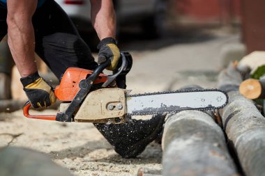 Elektrikli testere ile kayın kütükleri kesiliyor, ellere ve aletlere yakın çekim yapılıyor.