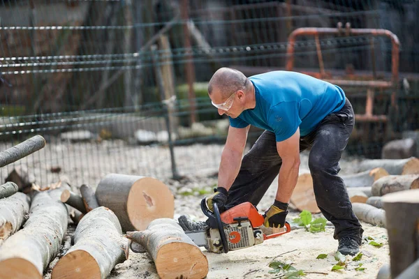 Farmer Láncfűrésszel Bükk Fát Rönköt Készít Otthon — Stock Fotó