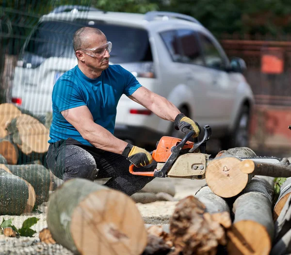 Lantbrukare Med Motorsåg Som Timrar Lite Bokträ Hemma — Stockfoto