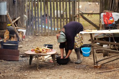 Yaşlı köylü kadın geleneksel olarak bir tavuktan yemek hazırlıyor.