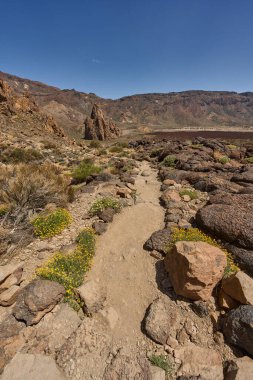 Yüksek volkanik kaya oluşumu olarak bilinen Ucanca veya Teide Ulusal Parkı 'ndaki Katedral berrak mavi gökyüzünün altında