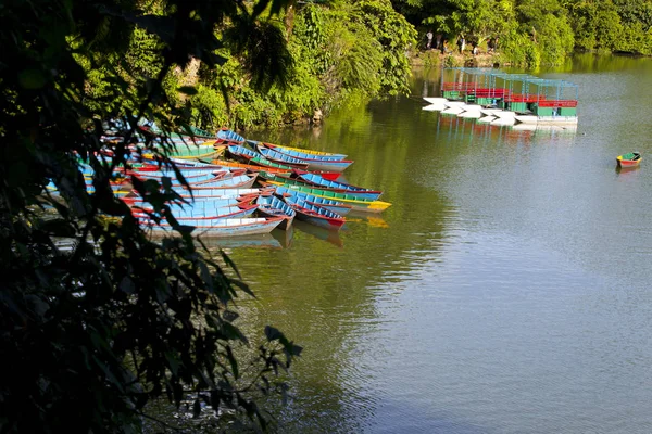 Petits Bateaux Bois Sur Lac Phewa Pokhara Népal — Photo