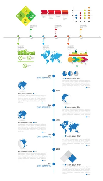 Elementi Vettoriali Infografici Della Timeline Con Mappa Del Mondo Illustrazione — Vettoriale Stock