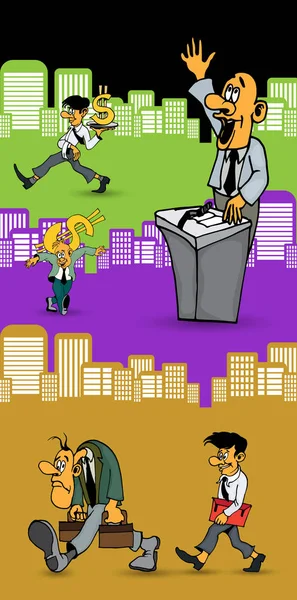 Personaje Dibujos Animados Hombre Negocios Con Fondo Ciudad Vector — Archivo Imágenes Vectoriales