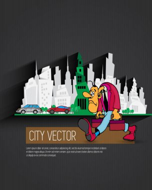 Şehir arka plan, vektör ile Işadamı çizgi film karakteri