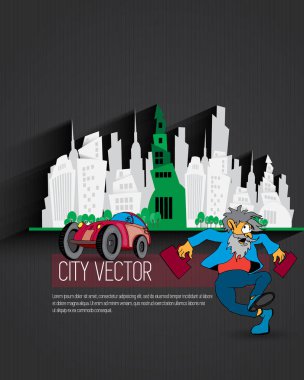 Şehir arka plan, vektör ile Işadamı çizgi film karakteri