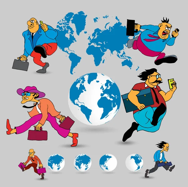 Mappa Del Mondo Con Personaggio Dei Cartoni Animati Aziendali Illustrazione — Vettoriale Stock