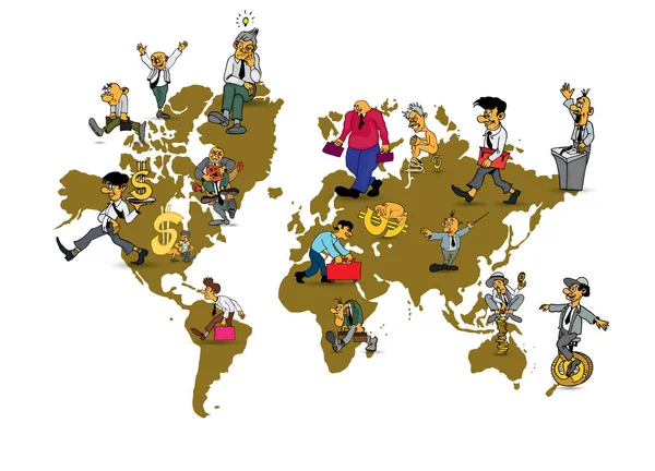 World Map Business Cartoon Character Vector Illustration — ストックベクタ