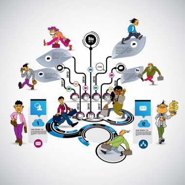 Çizgi film karakterli soyut bilgi grafikleri şablonu. Vektör illüstrasyonu