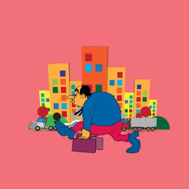 Şehir arka plan, vektör ile Işadamı çizgi film karakteri