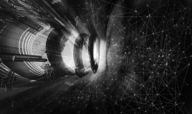 Soyut teknolojinin 3 boyutlu yorumlaması Dijital yüksek teknoloji arkaplanı