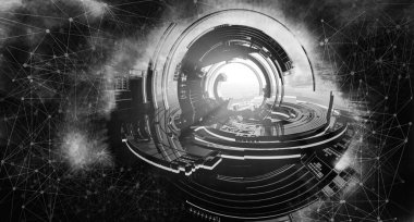 Soyut teknolojinin 3 boyutlu yorumlaması Dijital yüksek teknoloji arkaplanı