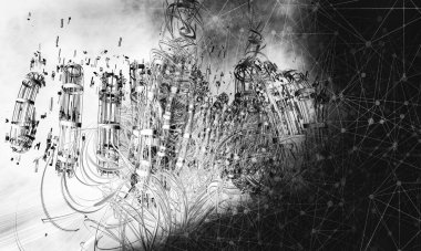 Soyut teknolojinin 3 boyutlu yorumlaması Dijital yüksek teknoloji arkaplanı