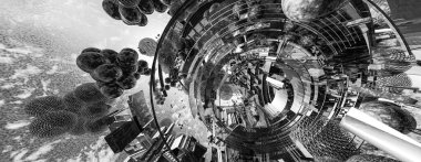 Soyut teknolojinin 3 boyutlu yorumlaması Dijital yüksek teknoloji arkaplanı