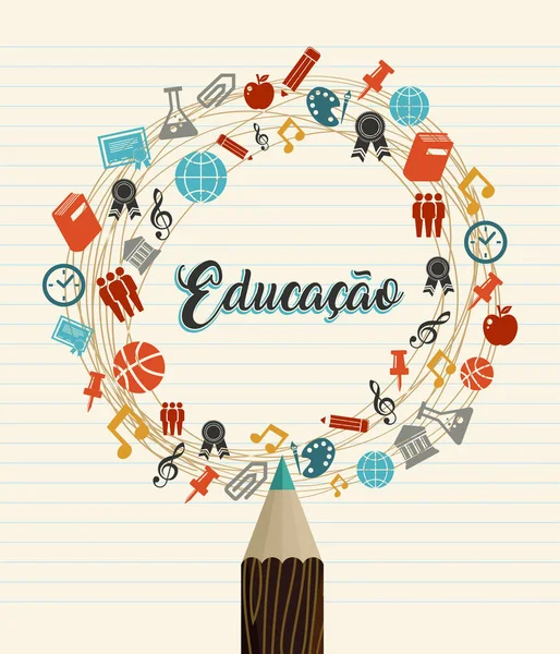 回到学校葡萄牙语教育报价 彩色铅笔和类主题图标在笔记本纸的背景 Eps10 — 图库矢量图片