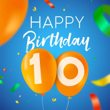 Mutlu Doğum günü 10 on yıl eğlenceli balon numarası ve renkli dekorasyon tasarım. Yeni yıl eğlencesi daveti veya tebrik kartı için idealdir. Eps10 vektör
