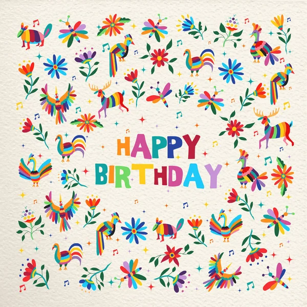 Счастливый День Рождения Дизайн Цветными Весенними Цветами Животными Стиле Отоми — стоковый вектор