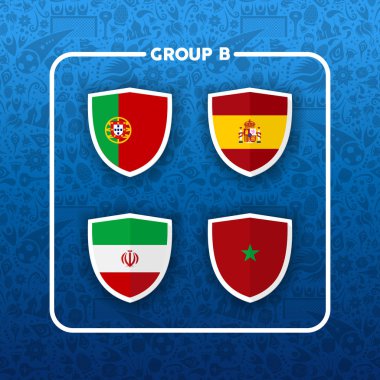 Futbol Şampiyonası olay zamanlaması için 2018. B grubu ülke takım futbol maç oyunları listesi. Portekiz, Iran, İspanya ve Fas içerir. Eps10 vektör.