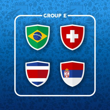 Futbol Şampiyonası olay zamanlaması için 2018. E grubu ülke takım futbol maç oyunları listesi. Brezilya, Kosta Rika, Sırbistan ve İsviçre içerir. Eps10 vektör.