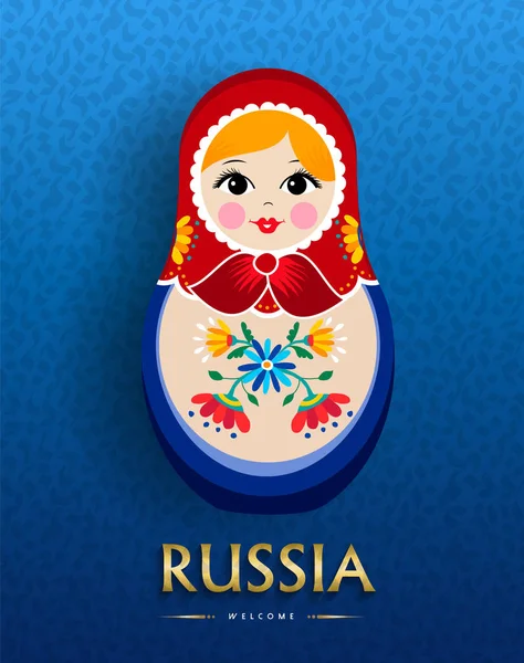 俄罗斯旅游的俄罗斯娃娃海报 传统的 Matrioska 妇女纪念品与花礼服在蓝色背景 Eps10 — 图库矢量图片