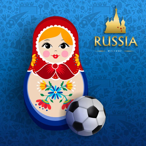 俄罗斯体育赛事俄罗斯娃娃海报 传统的 Matrioska 妇女纪念品与足球在蓝色背景 Eps10 — 图库矢量图片