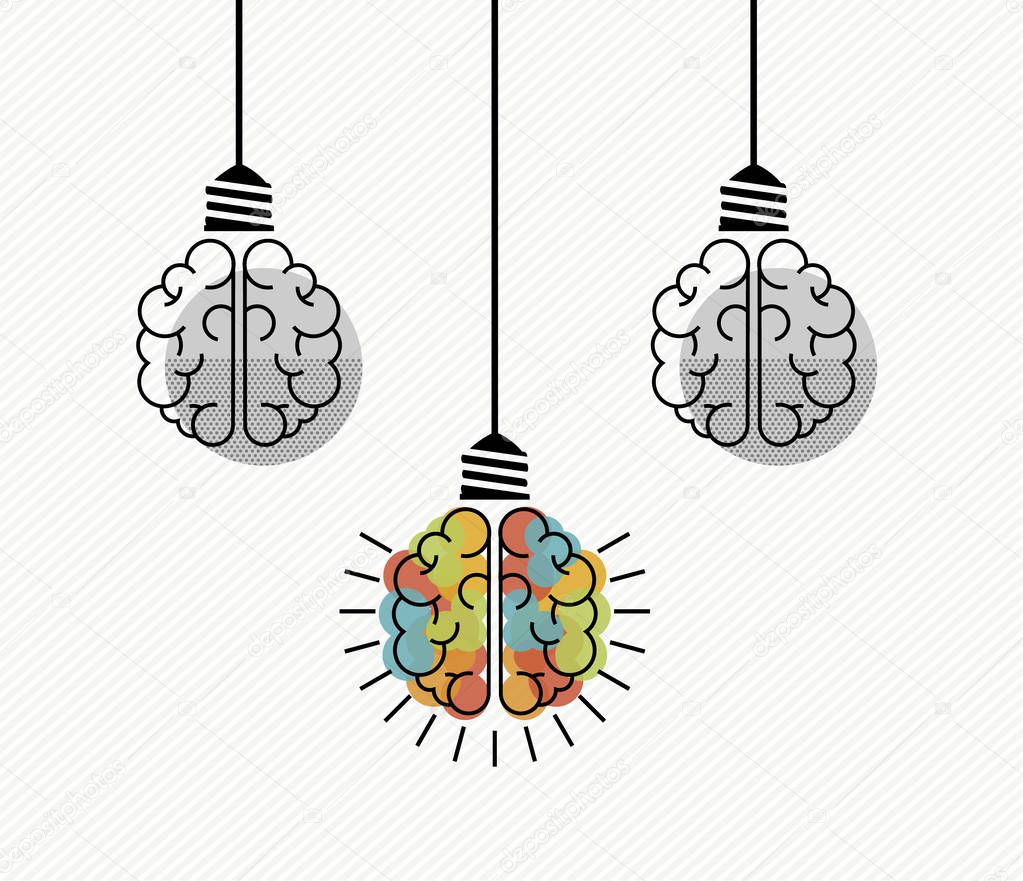 Creative thinking concept illustration of human brain as electric light bulb for business solutions, brainstorming. EPS10 vector.